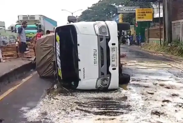 Truk Pengangkut Telur Terguling di Pandaan, Tumpahan Muatan Licinkan Jalan