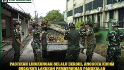 Pastikan Lingkungan Selalu Bersih, Anggota Kodim 0906/Kkr Lakukan Pembersihan Pangkalan