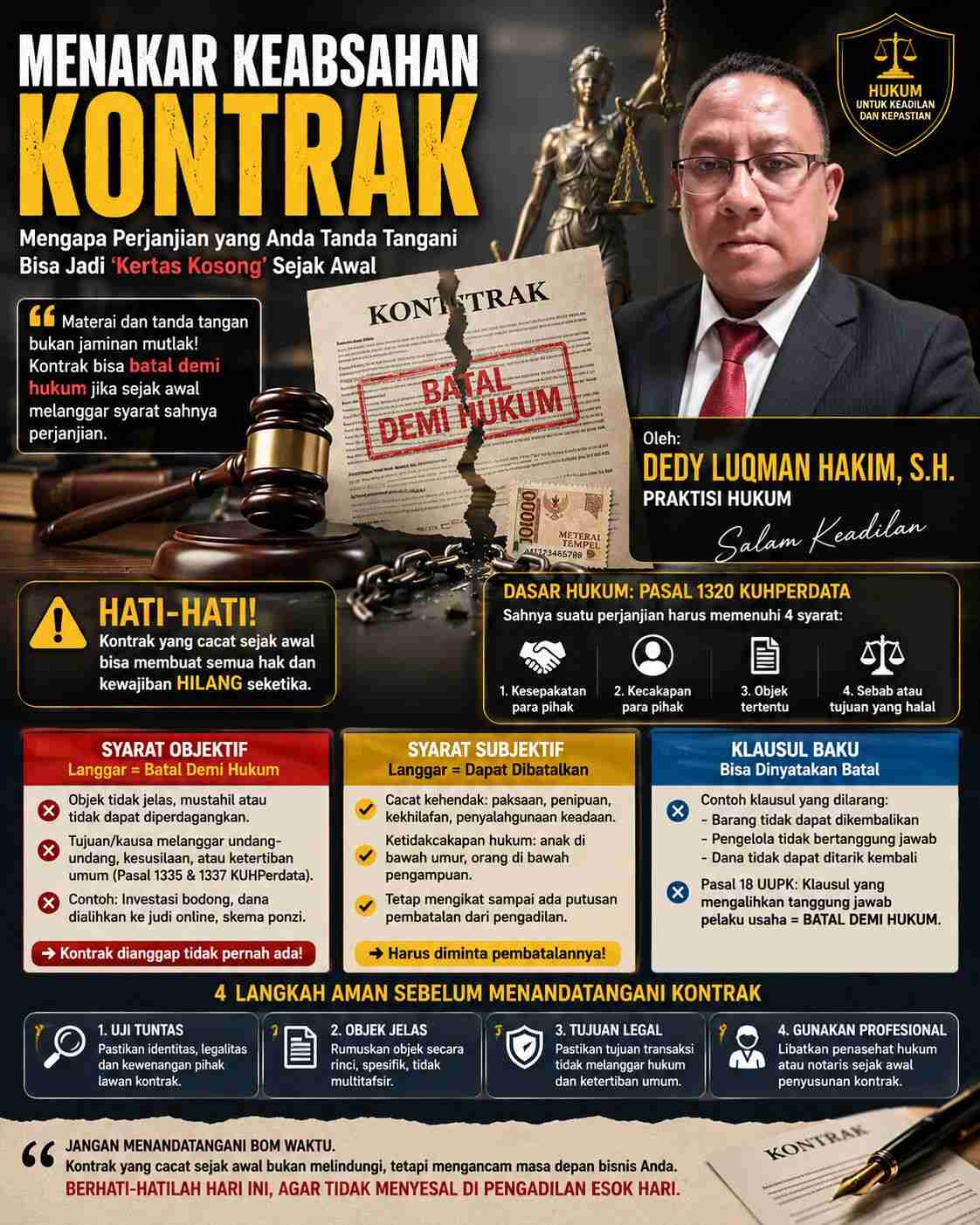 Tanda Tangan Belum Tentu Menyelamatkan: Di Balik Kontrak yang Tampak Sah, Tersimpan Ancaman Batal Demi Hukum Dedy Luqman Hakim: Banyak Orang Baru Menyadarinya Saat Sudah Berhadapan dengan Hakim