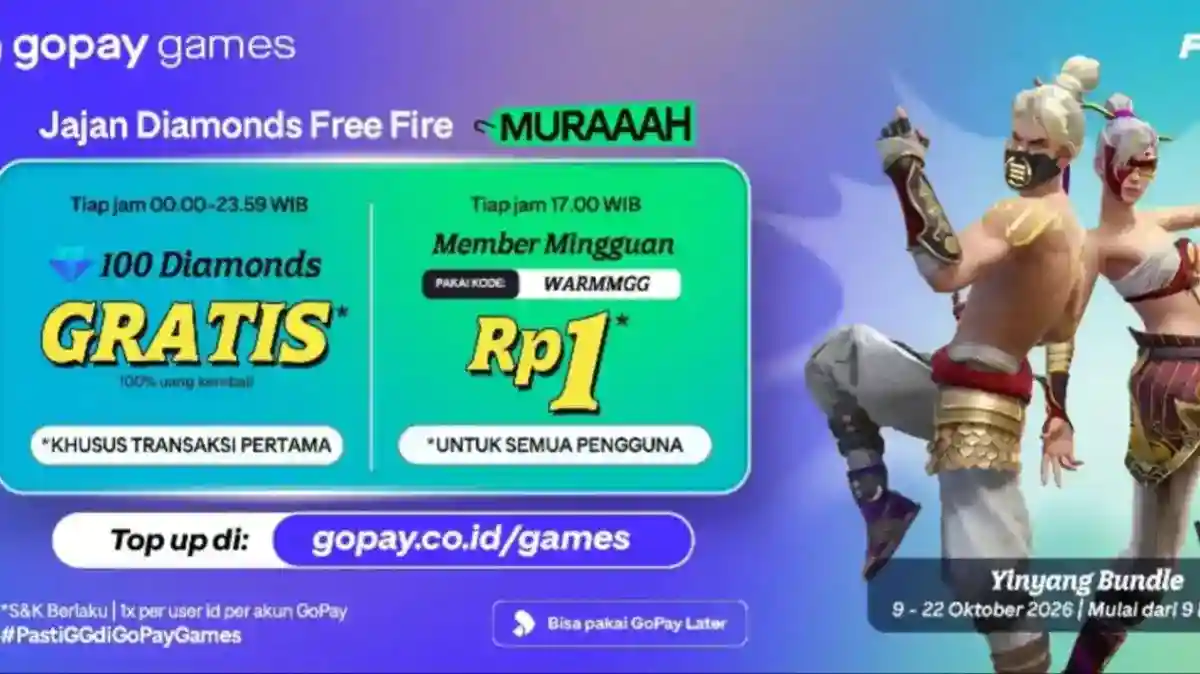 Promo Free Fire di GoPay Games: Cashback 100 Diamonds dan Member Mingguan Rp1